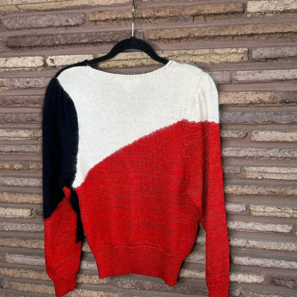 Michelle Stuart Black Red White Colorblock Wool Angora Blend Sweater Size 10 - Picture 2 of 7